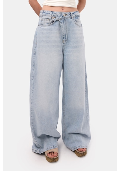 Itsbasic Kadın Kot Rengi 4s6-3 Mega Baggy Fit Kemer Detaylı Bol Kesim Denim Jean Mavi