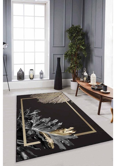 Siyah Gold Modern Klasik Kaymaz Tabanlı Dekoratif Halı Rv355n11 Siyah - Gold