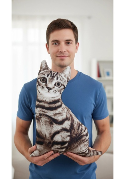 3d Dijital Baskılı Dekoratif Kedi Yastık Tekir Renkli