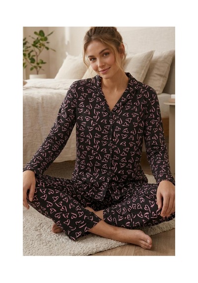 Fit Women Pembe Kalp Desenli Uzun Kollu Pijama Takımı 4602 -siyah