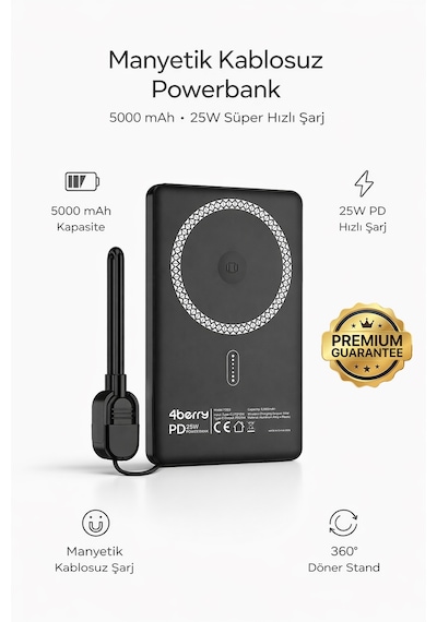 Y353s Powerbank 5.000 Mah Magnetıc Wıreless Siyah