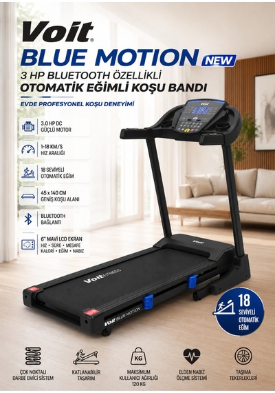 Voit Blue Motion New 3 Hp Bluetooth Özellikli Otomatik Eğimli Koşu Bandı