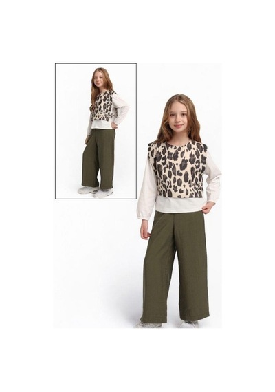 Escabel Kız Çocuk Leopar Bluzlu Pantolon Takım-15591 Haki