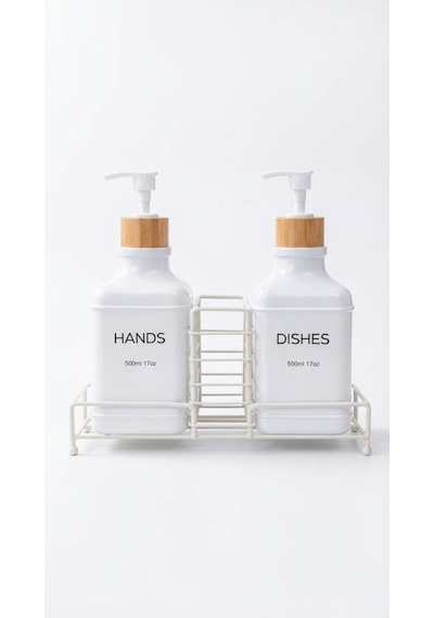 Makri Home Stantlı Bambu Kapaklı İkili Cam Sıvı Sabunluk & Deterjanlık Seti 2 500 Ml, 22,5 8,5 24 Cm Beyaz