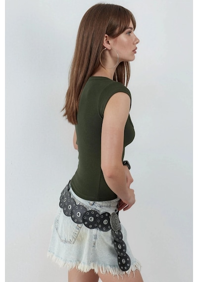 Hiccup Busem Slim Fit Ribana U Yaka Bluz Haki Yeşil