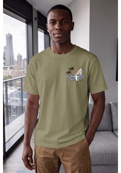 Genius Store Erkek Tişört Pamuklu Kumaş Sırt Baskılı Tişört Sokak Modası Rahat Kalıp T-shirt Vosvos-haki