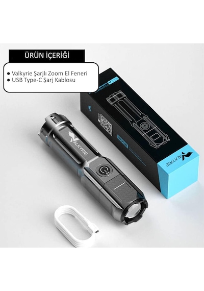 Valkyrie Şarjlı Ultra Güç El Feneri Zoom 3 Mod Type-c Uzun Kullanım Suya Dayanıklı Siyah