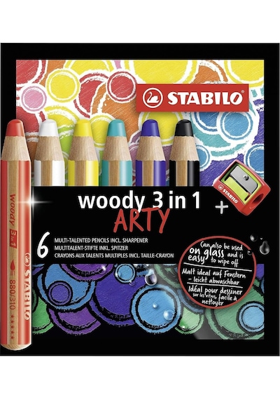 Stabilo Woody Arty 3ü 1 Arada Mum Boya - Kuru Boya - Sulu Boya 6 Renk + Kalemtıraş