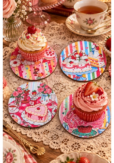 Sweet Wonderland, Tatlı Dünyası - Renkli Retro Tatlı Temalı 4 Lü Bardak Altlığı Set 9 Cm, 3 Mm Ahşap Mdf, Dijital Baskı - 930466748 Diğer