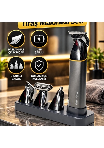 Dl1806 9 U 1 Arada Erkek Bakım Seti Paslanmaz Çelik Bıçaklı Usb Şarjlı Tıraş Makinesi
