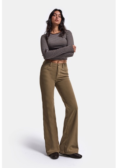 Kadın Sütlü Kahve Flare Fit Velvet Kadife Kumaş Pantolon Gri