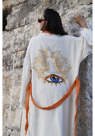 Befera Müslin Kimono Pamuklu Yoga Meditasyon Baskılı Desenli Bornoz Kaftan Sabahlık Ekru