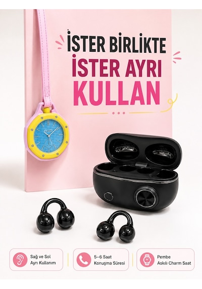 Kablosuz Kulaklık Ve Pembe Askılı Çanta Charm Analog Saat Kampanya Seti - Lisinya