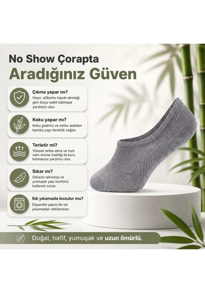 Elitse Erkek Bambu 6'lı Babet Çorap Görünmez No Show Dikişsiz Silikon Topuklu Siyah 6'lı