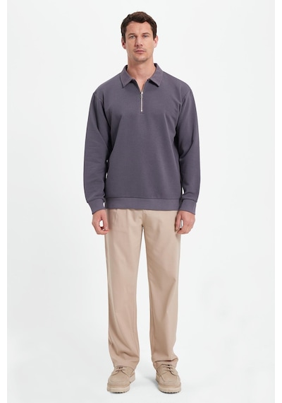Tudors Erkek Relax Fit Rahat Kesim Pamuklu 3 İplik Fermuarlı Polo Yaka Koyu Gri Sweatshirt-41817 Koyu Gri
