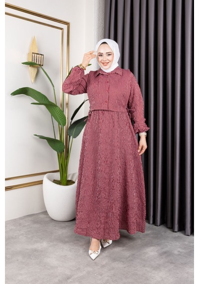 Hira Life Fashion Kadın Bordo Tesettür Giyim Gömlek Detaylı Çizgili Viskon Kıraş Elbise İkili Takım Bordo Bordo Hira Life Fashion Kadın Bordo Tesettür Giyim Gömlek Detaylı Çizgili Viskon Kıraş Elbise İkili Takım Bordo Bordo