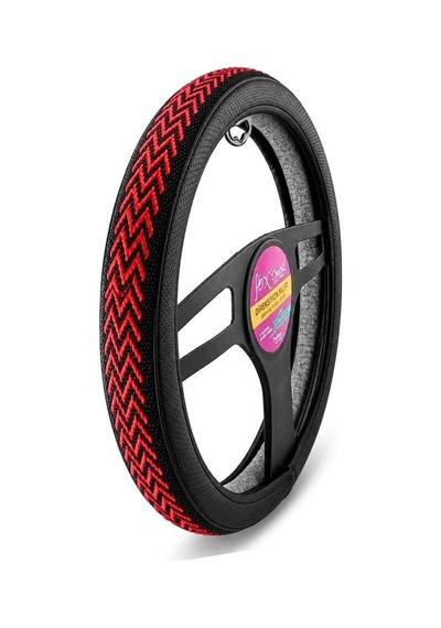 Direksiyon Kılıfı 38cm Geçmeli Dokuma Kokusuz Kaymaz Terletmez 36-37-38cm Uyumlu Nakışlı Suni Deri Siyah Üzeri Kırmızı İşlemeli F-332 Kırmızı - Siyah