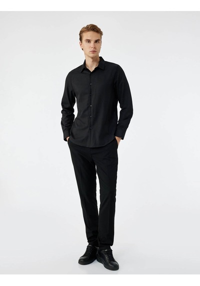 Koton Slim Fit Yarım İtalyan Yaka Siyah Erkek Gömlek 7wam60036hw