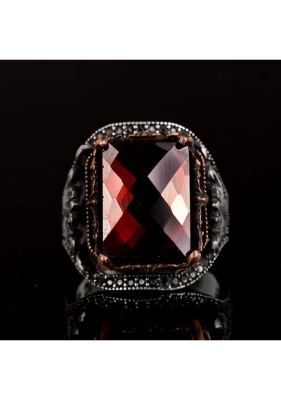 925 Ayar Gümüş Erkek Yüzük, Taş Garnet Yüzük Gümüş