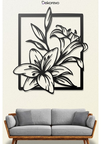 Çiçekler Çerçeve Metal Duvar Tablosu - Metal Duvar Sanatı - Siyah - 65 X 75 Cm