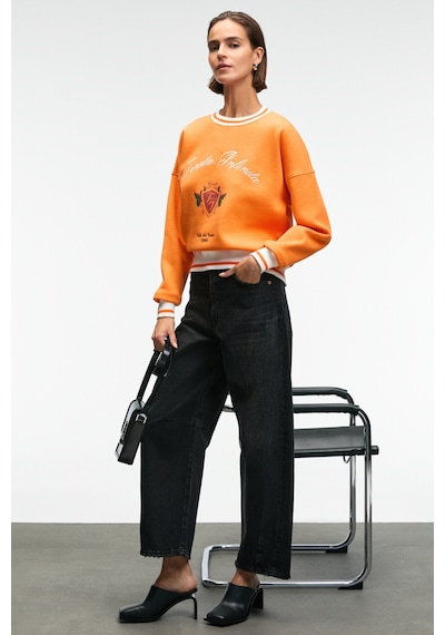 Grımelange VALLUNE Kadın Kontrast Triko Etek Ucu Manşet Ve Yakalı Nakış Crop Turuncu Sweatshirt