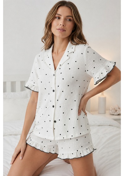Norcia Sports Beyaz Kalp Desenli Fırfır Detaylı Şortlu Pijama Takımı 8072 Çok Renkli - 929322676 Çok Renkli - 929322676 Çok Renkli
