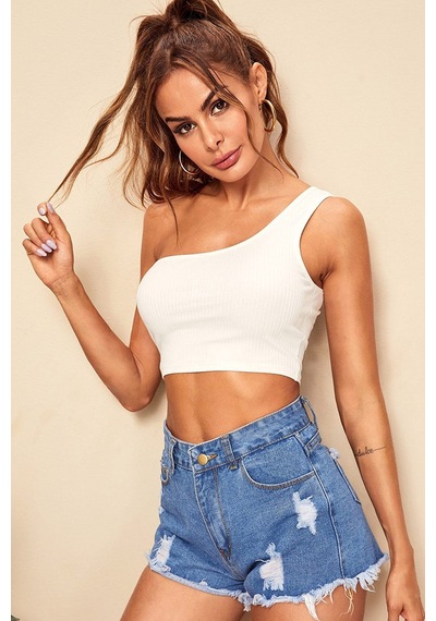 Moda Dua Kadın Beyaz Tek Omuz Crop Büstiyer