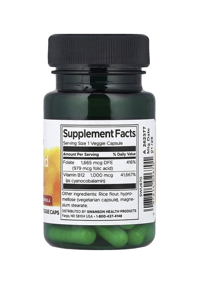 Swanson Vitamins, Folic Acid & B12, 30 Veggie Caps