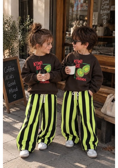 Kiwi Best Friends Baskılı Sweatshirt Ve Çizgili Eşofman Altı Unisex Alt Üst Takım Siyah