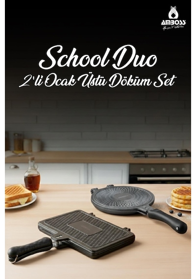 School Duo 2 Li Döküm Ocak Üstü Tost Waffle Tava Seti Siyah