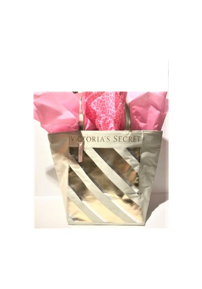 Victoria's Secret Vs Krem Gold Çizgi Desenli Kanvas Tote Omuz Çantası Altın