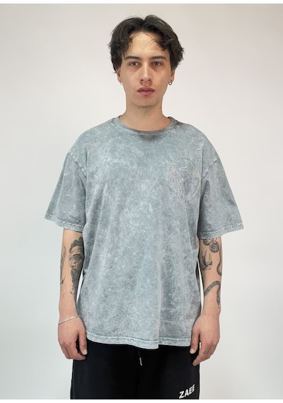 Zaee Vintage Washed Taşlı Oversize T-shirt Fırtına Gri