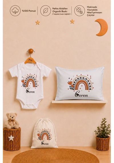 Pia Baby İsme Özel Kız Bebek Hediyesi %100 Pamuk Organik Baskılı Body Yastık Kılıfı Ve Ham Bez Kıyafet Kesesi 1039byk0x Ekru