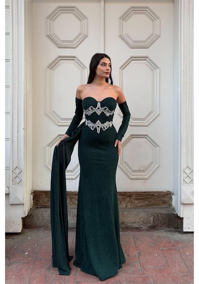 DefyModa Kadın İnce İşçilik Taş Detaylı Uzun Kollu Abiye Elbise Zümrüt