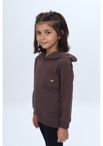Kız Çocuk Relax Fit Kapüşonlu Düşük Omuz Nakışlı Sweatshirt - Cep Detaylı Mor