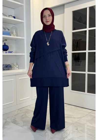 Rabia Şamlı Miray Triko-modal Pantolonlu Takım Lacivert Normal
