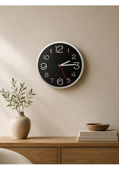 Modern Sessiz Dekoratif 30 Cm Yuvarlak Duvar Saati Siyah - Beyaz