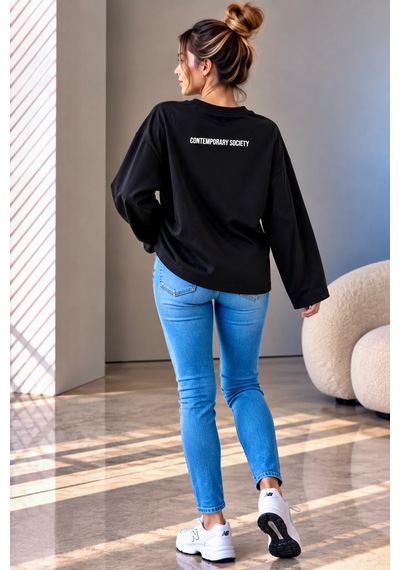 Bb Butik Basic Kadın Baskılı Bol Kollu Oversize İnce Sweatshirt Trend Model Mu3535 siyah
