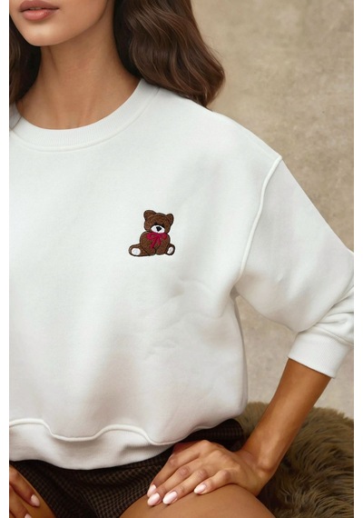 Hiccup İşlemeli Rahat Kesim Pamuklu Sweatshirt Tozlu Beyaz