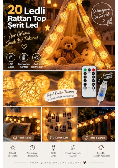 Deconitte 20 Rattan Top Şerit Led 4metre Usb Kumandalı Yılbaşı Parti Organizasyon Ev Dekorasyon Işığı Aydınlatma