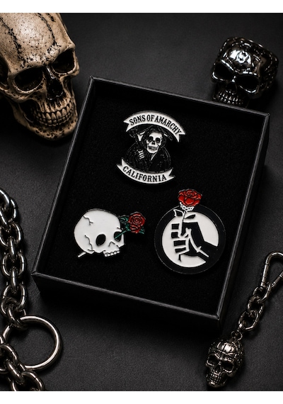 3 Lü Gotik Figürlü Rozet Seti Kuru Kafa Ve İskelet Temalı Metal Broş Seti 4 Renkli