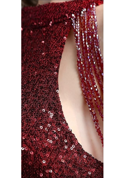 Hanife Glam Couture Hanife Glam Boncuk Detaylı Pulpayet Abiye Elbise Bordo