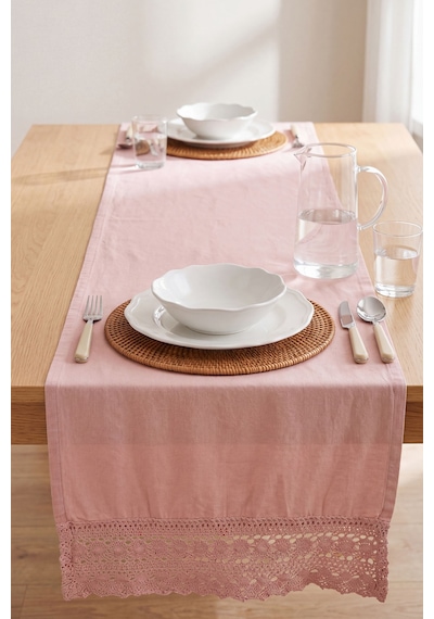 Pudra Lacy Pamuklu Dantelli Runner 40x150 Cm Pembe