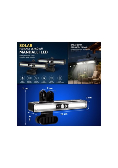2'li Mandallı Led Solar Lamba - 36 Led - Hareket Sensörlü - 3 Modlu