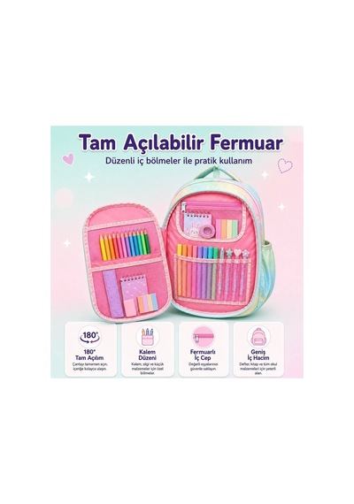 Premium Kore Tarzı 3 Lü İlkokul Okul Çantası Seti, Isı Yalıtımlı Beslenme Çantası Ve Çift Bölmeli Kalemlik Yeşil Yeşil
