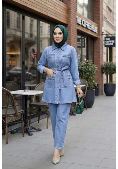 Hb Harma Time Butik Kadın Taş Detaylıtunik Ve Pantolon Kot Mavi İkili Takım