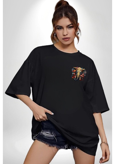 Bereket Fil Hintli Tasarım Siyah Oversize Unisex Ön Sol Yan Minimal Baskılı Tişört Koyu Siyah