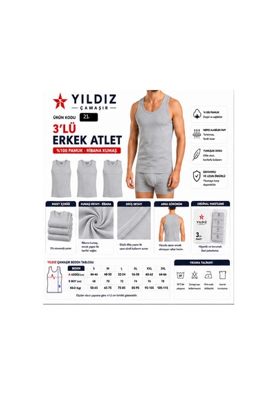 Yıldız Çamaşır Erkek Ribana Askılı Atlet 04-18-21 - 3 Adet Gri