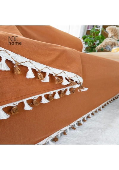 Dnc Home Tekstil Ndchome Premium Keten Tarçın Ponponlu Koltuk Örtüsü 170 X 220