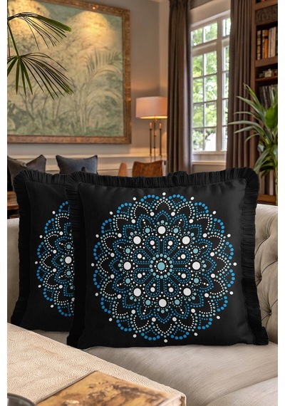 Mandala Şıklığı Saçaklı Yastık Kılıfı - Bohem Siyah Mavi Püsküllü Kırlent Kılıfı Grili Krem Bej
